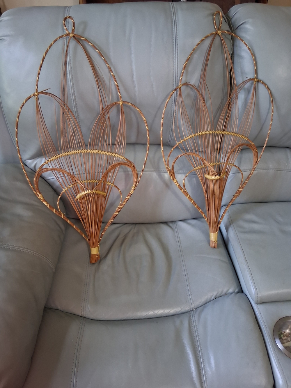 Vintage Pair Handwoven Rattan Heart Shaped Wall Pocket Baskets